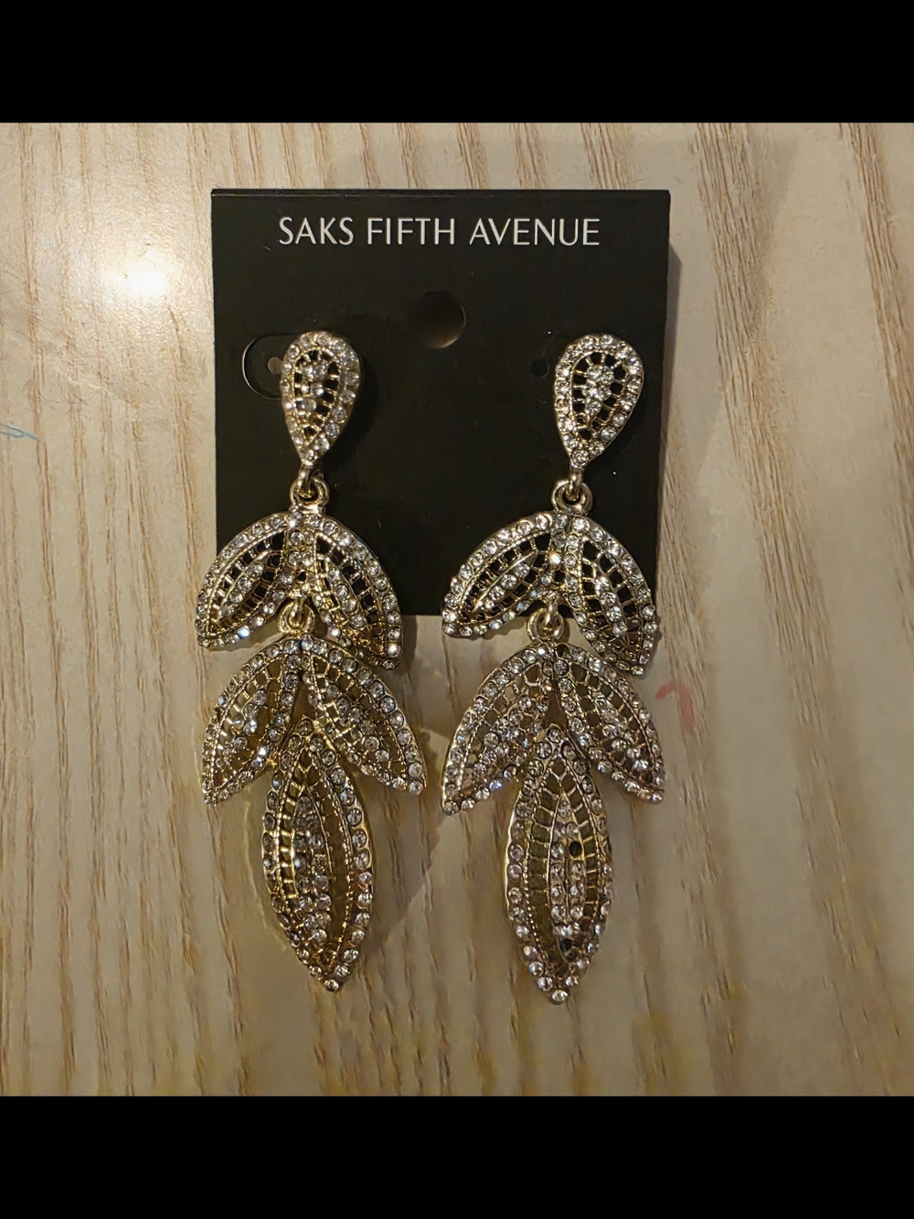 Saks Fifth Avenue Gold and Clear Crystal Leaf Chandelier Earrings